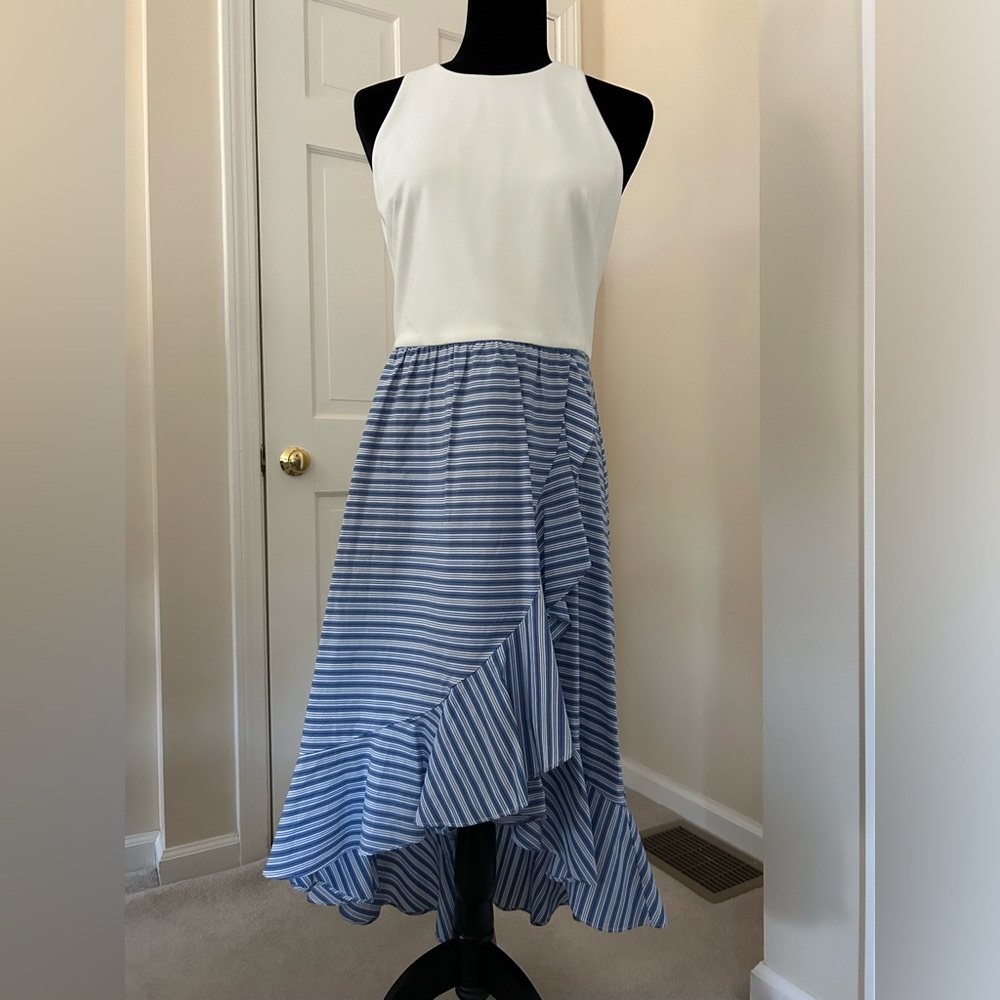 Vince Camuto White/Blue Stripe High Low Layered Ruffle Hem Sleeveless Dress